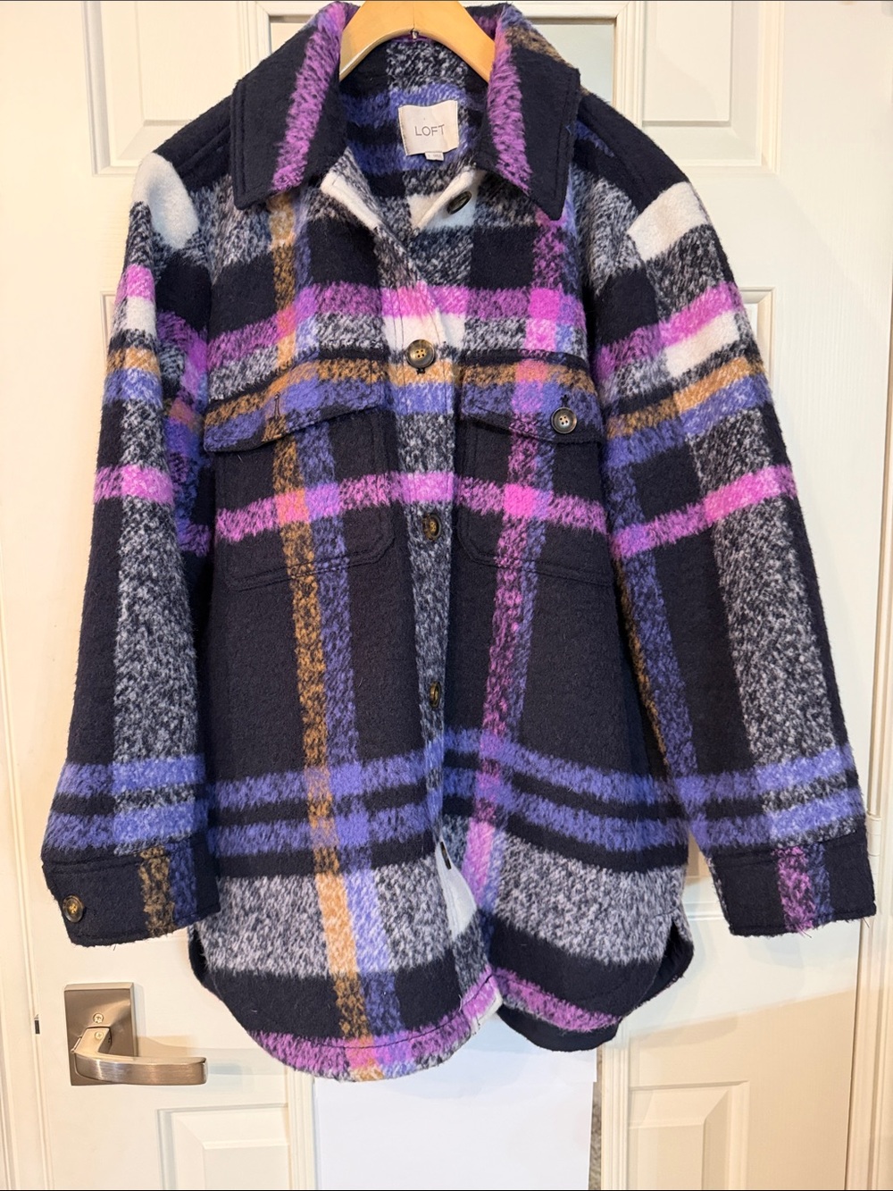 LOFT Plaid Wool-Blend Shacket in Purple, Navy and Gold Accents